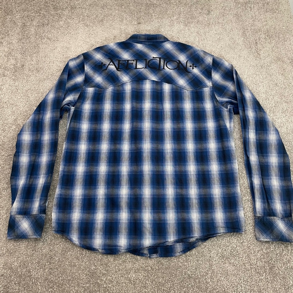 Affliction Shirt Mens Large Black Premium Y2K Spell Out Plaid Button Up - Picture 5 of 8